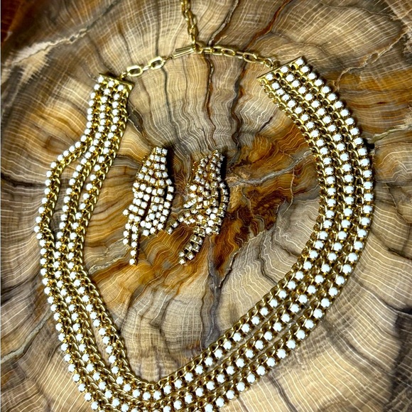 80’s Elegant Gold and Opalescent Multi Strand Necklace and Earring Set - Picture 1 of 6